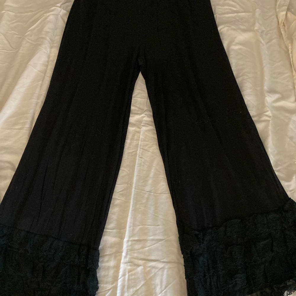 Elegant Black Wide Leg Lace Ruffle Hem Pants large
